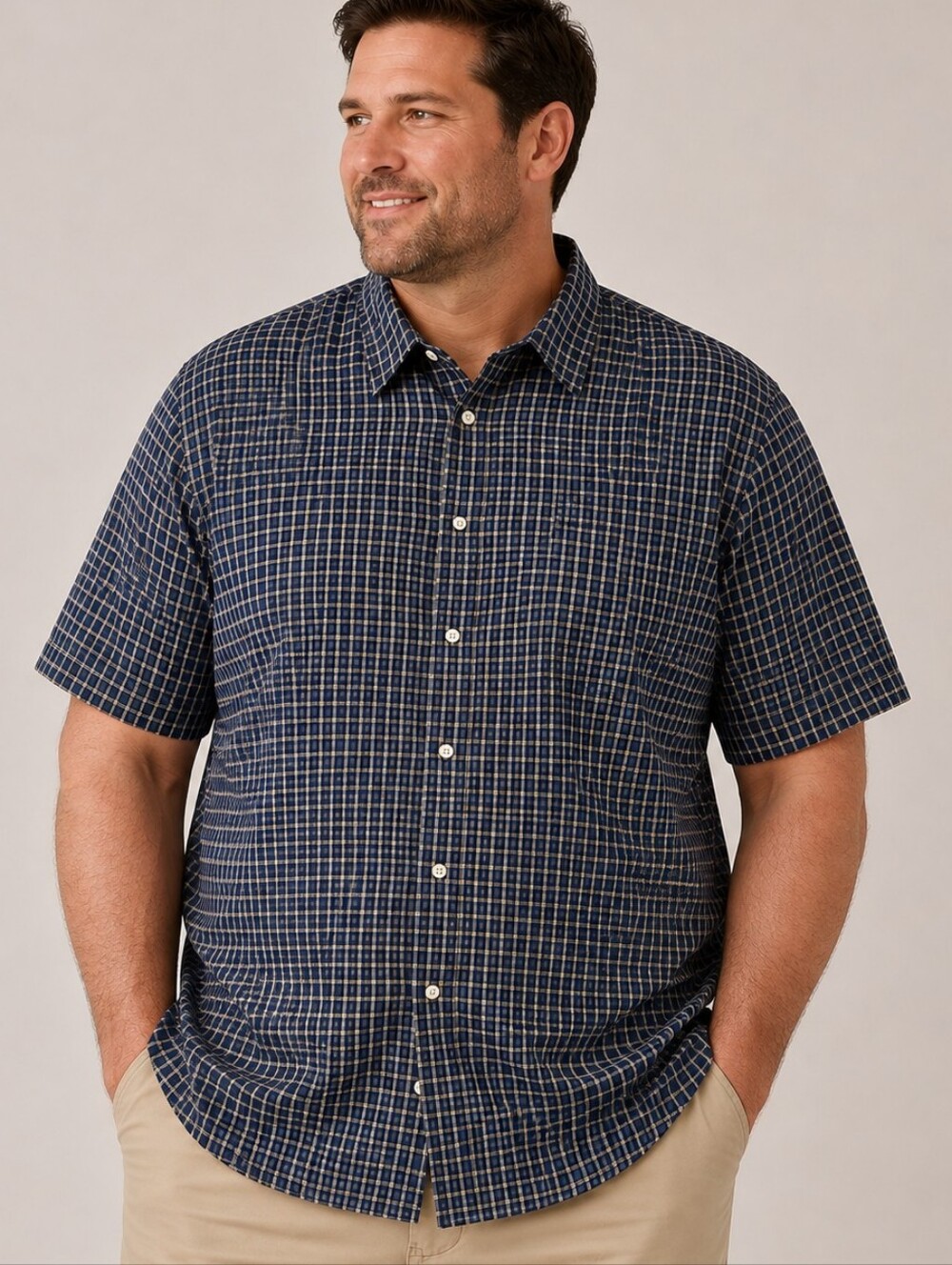 Perry Ellis America Short Sleeve Plaid Button Up Shirt Wrinkle Free Mens XXL